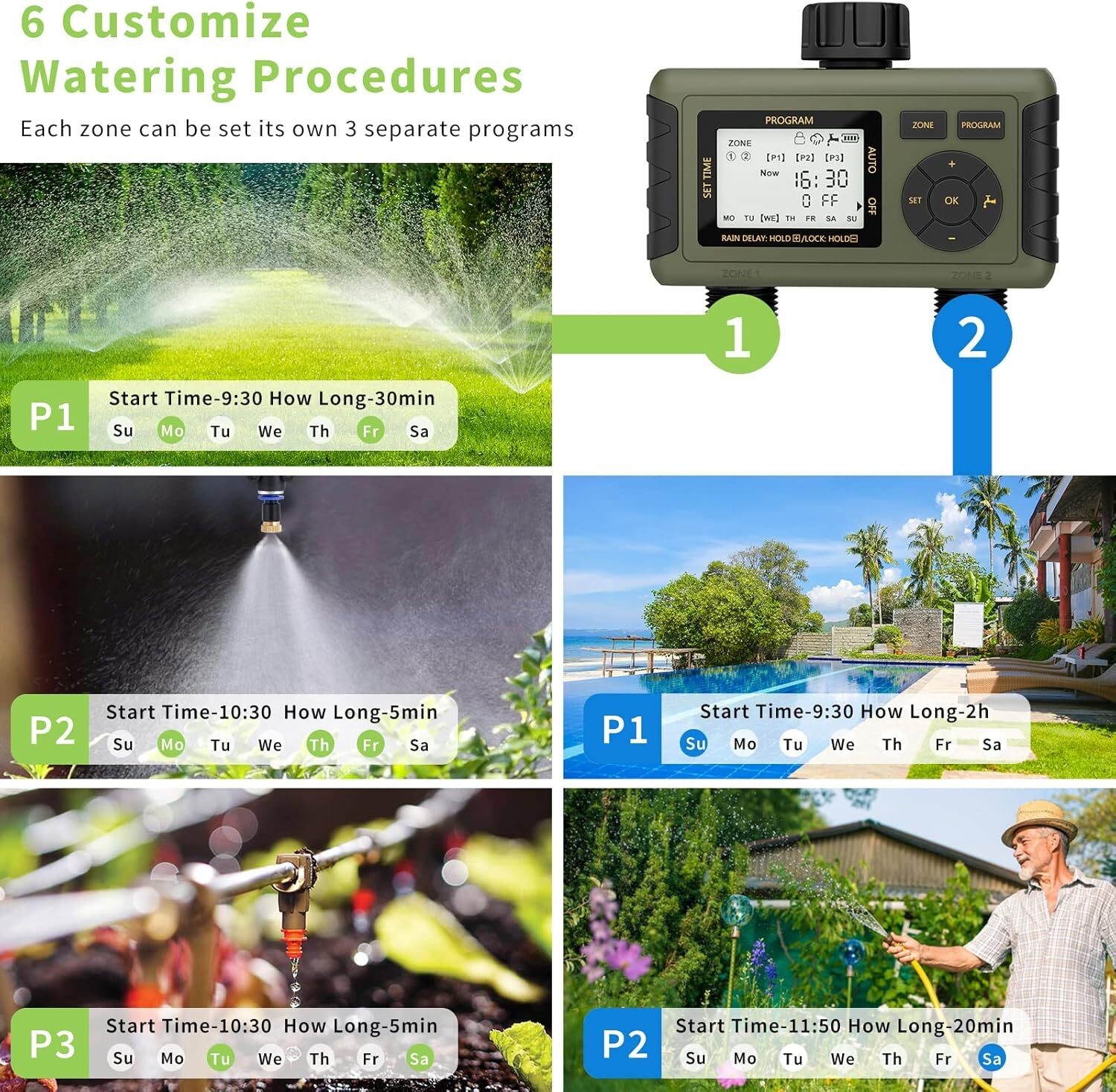 Sprinkler Timer 2 Zone Water Timer Outdoor Irrigation with Rain Delay for Garden