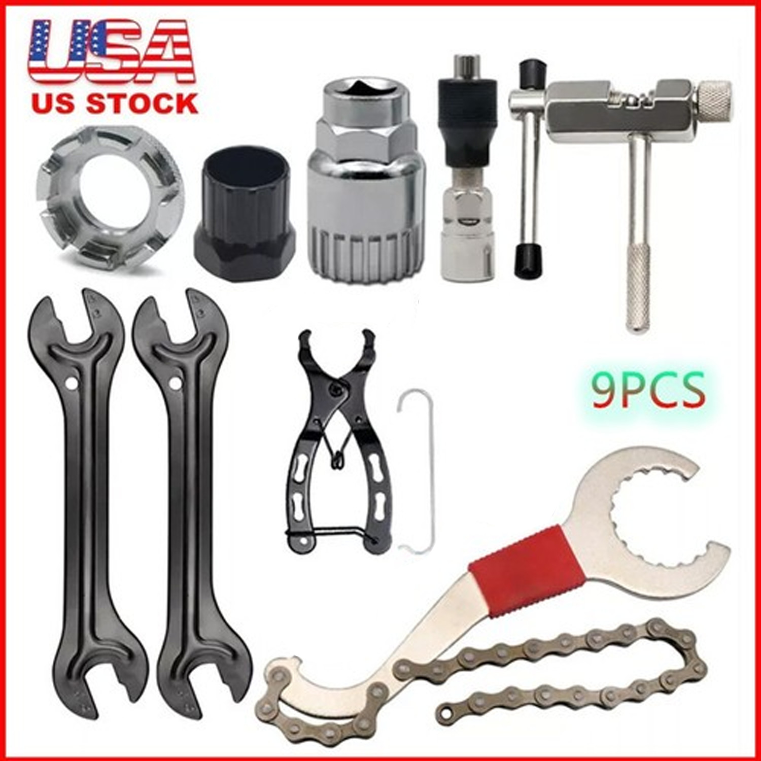 Bike Repair Tool 9 PCS Kit Crank Chain Cutter Extractor Bracket Freewheel Puller