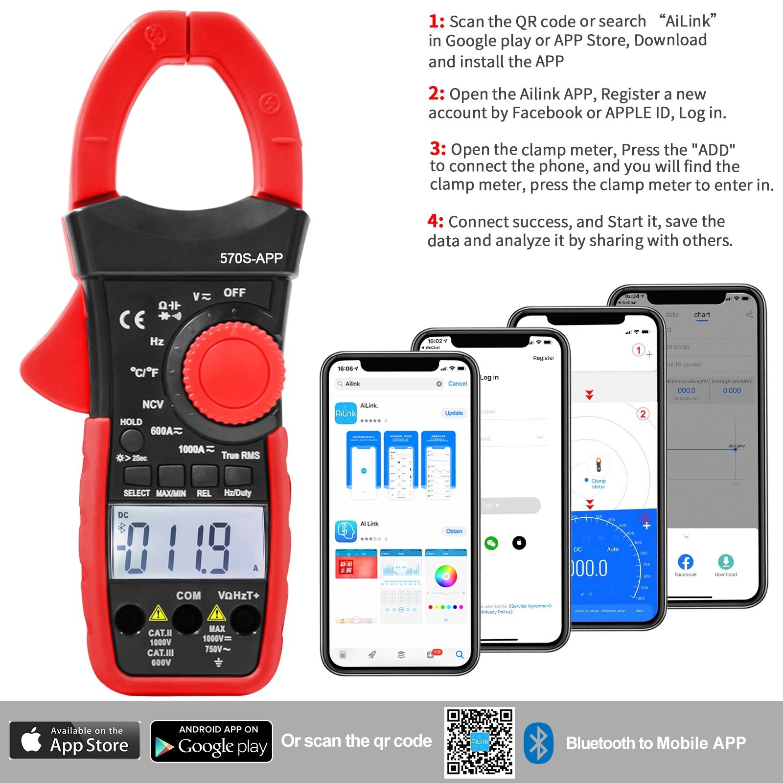 HoldPeak Digital Clamp Meter Multimeter TRMS Auto-Ranging AC/DC Volt Amp Tester