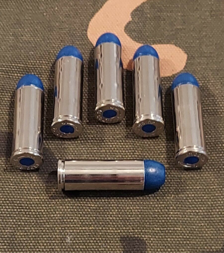 45 LONG COLT SNAP CAPS  SET OF 6, BLUE AND NICKEL, REAL WEIGHT!!! 45LC 45 COLT