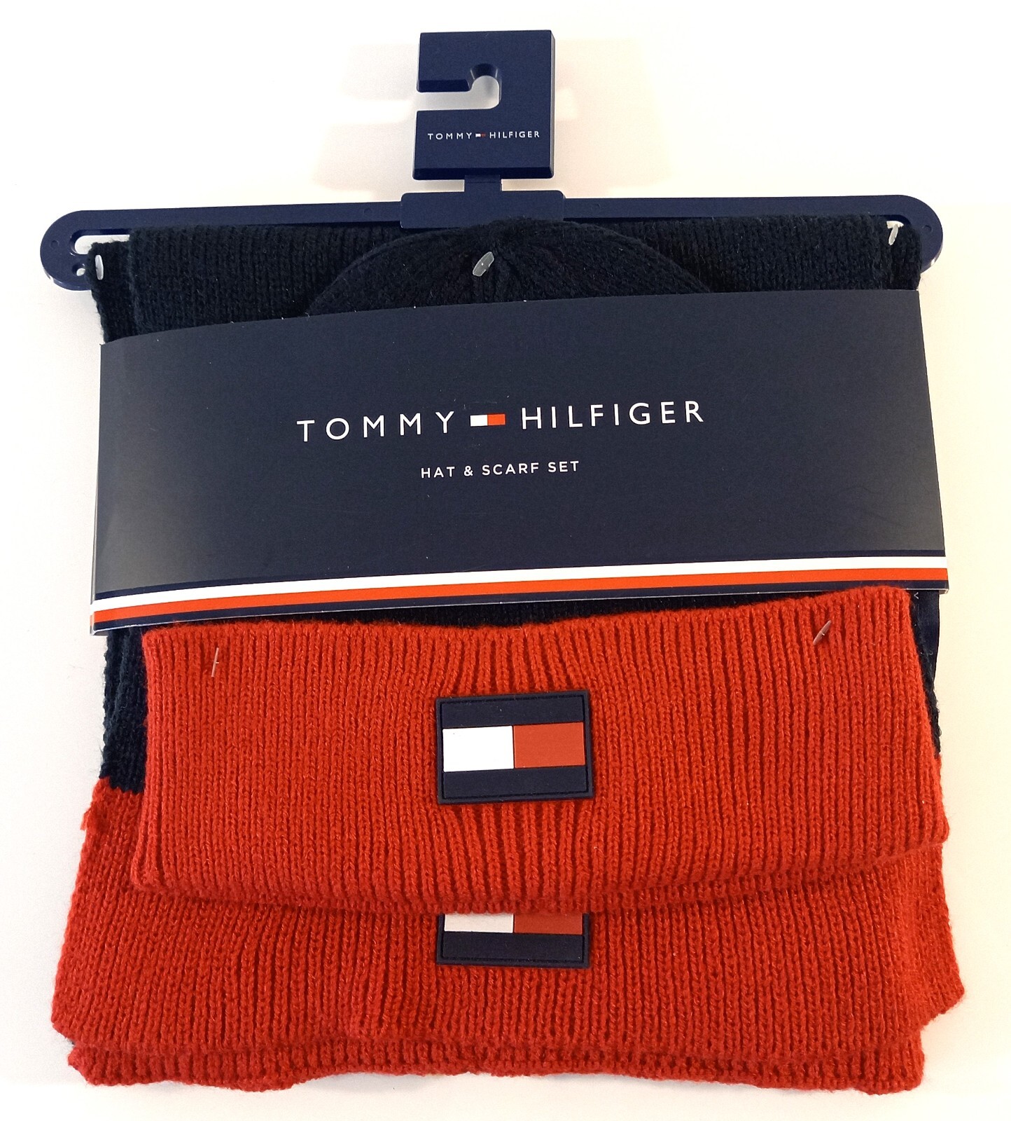 TOMMY HILFIGER - 2pc Set Scarf + Hat Beanie Hat & Scarf Black Red / USA