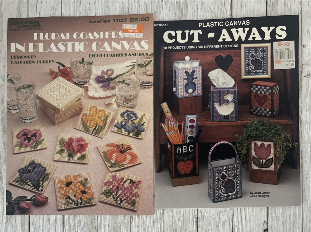 2 Plastic Canvas Pattern Leaflets Vintage Coasters #1107, 10 Projects #HotP-311