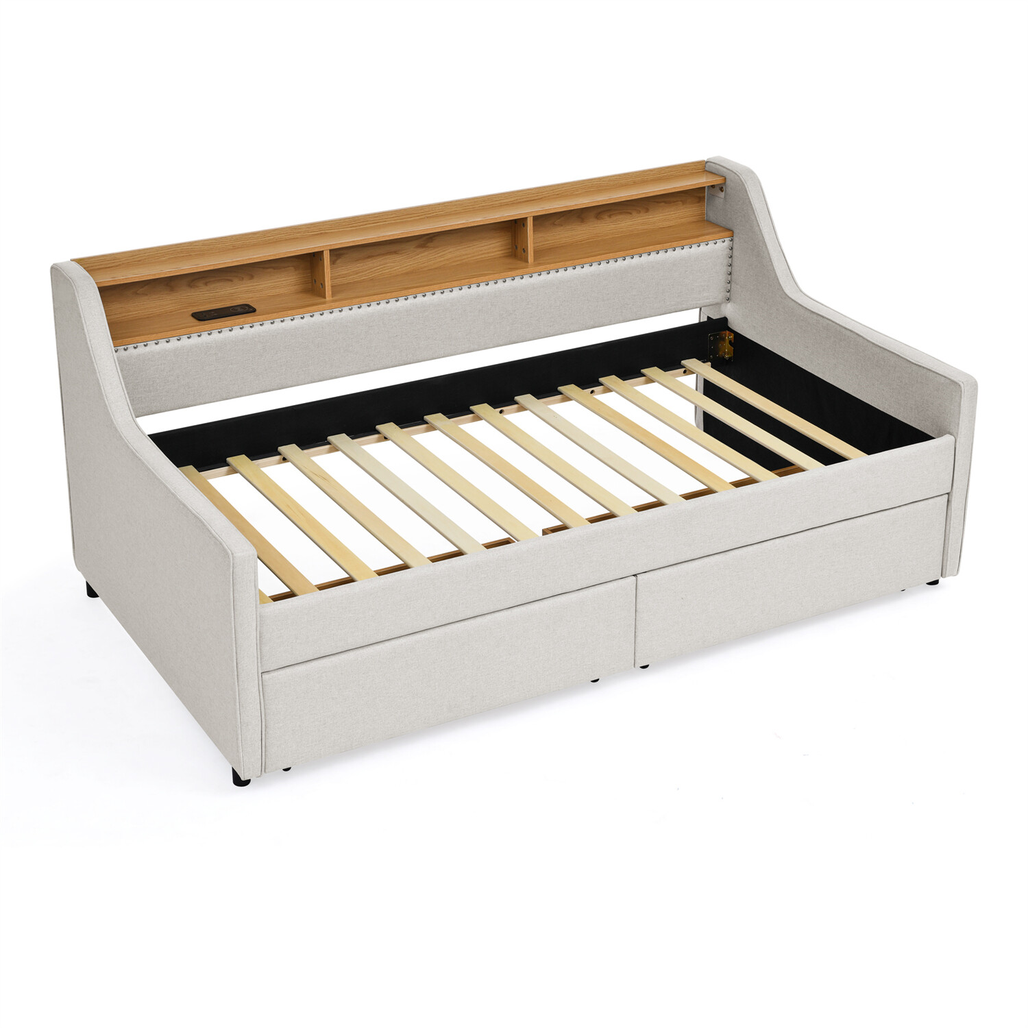 Twin Size Daybed Upholstered Bed Frame Sofa Bed w/ LED Lights & 2 Drawers