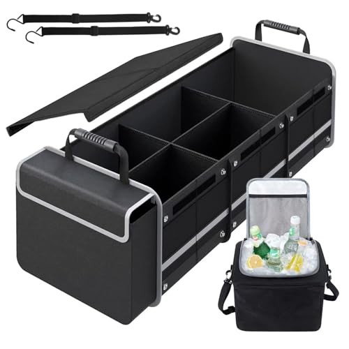 Car Trunk Organizer with Insulated Cooler Bag, Foldable & Waterproof Black