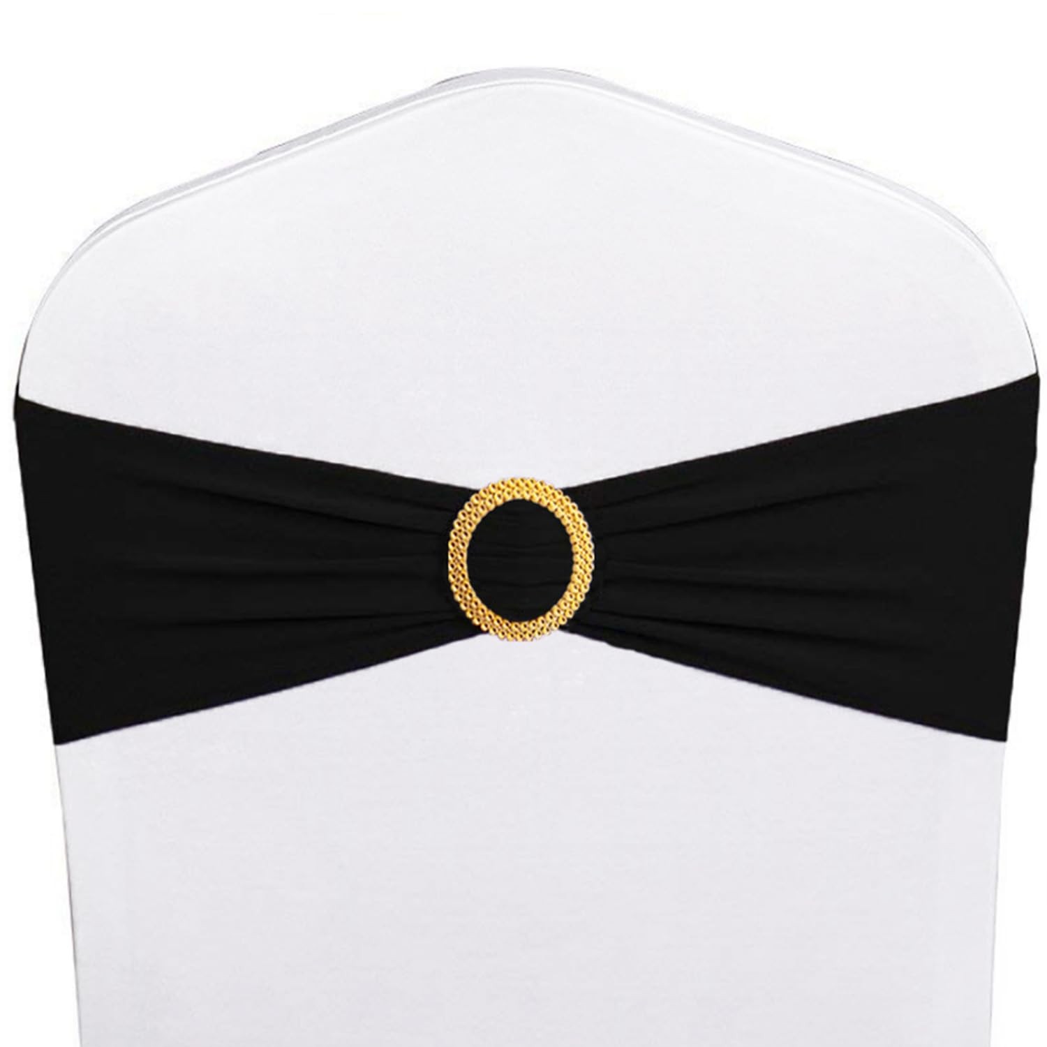 Pack of 50 Spandex Black Chair Sashes with Gold Buckles, Stretch Chairs Sashe...