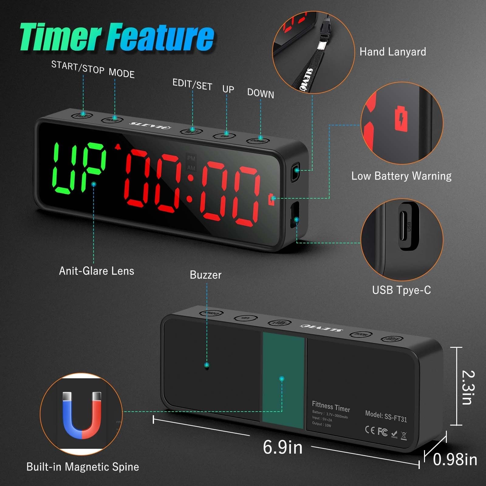 Large LED Digital Gym Timer Clock - Magnetic Stopwatch for Workout & Interval Tr
