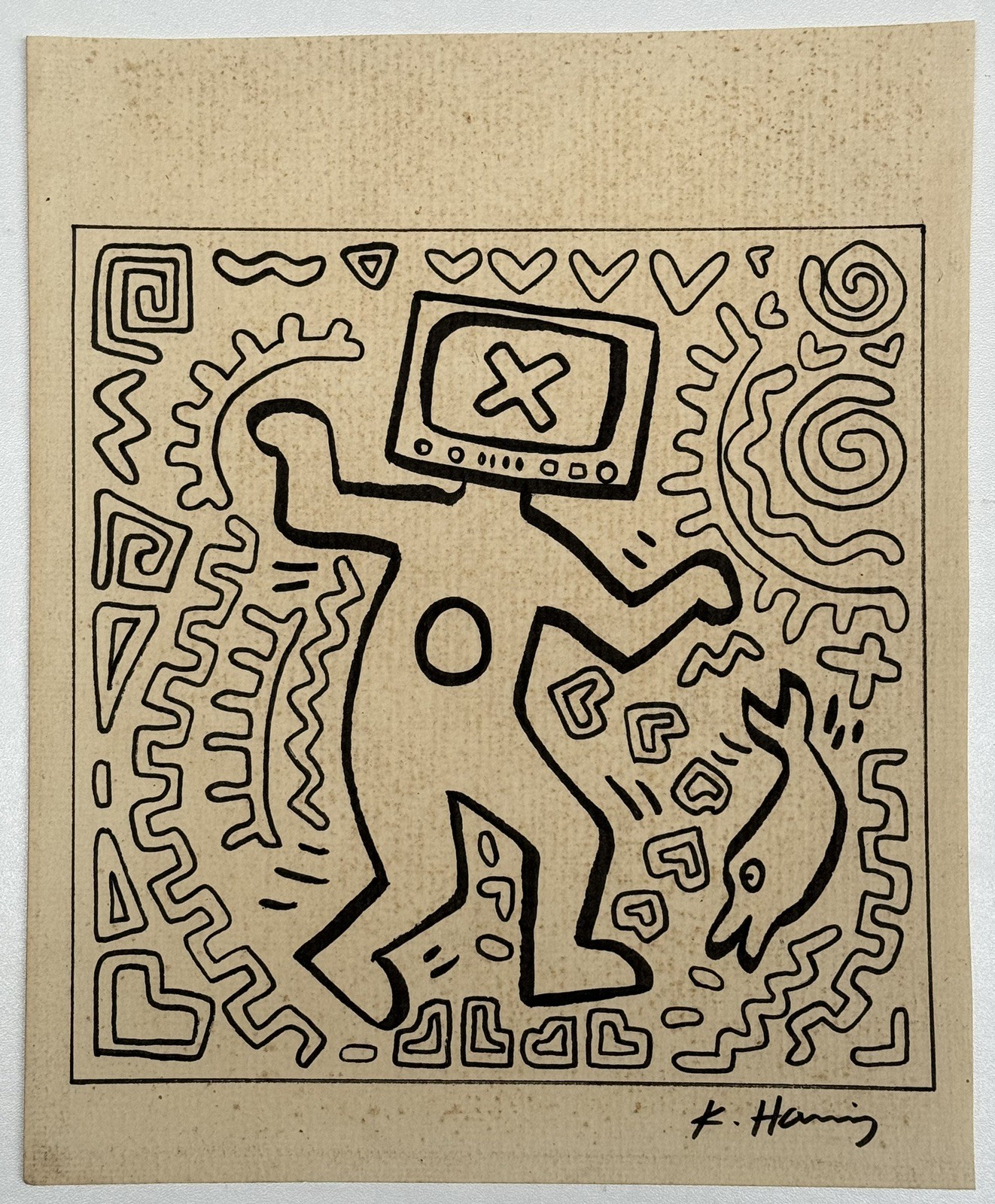 Keith Haring (Handmade) Drawing On old Paper Signed & Stamped, Vtg Art