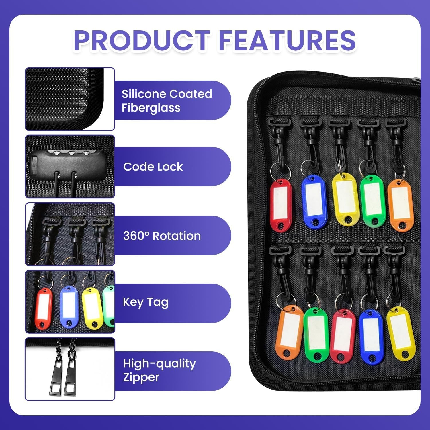 20-Key Organizer Case with Combination Lock, Waterproof Fireproof Key Holder