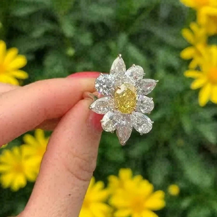 3CT Oval Lab Created Yellow Citrine Diamond Wedding Ring 14K White Gold Plated