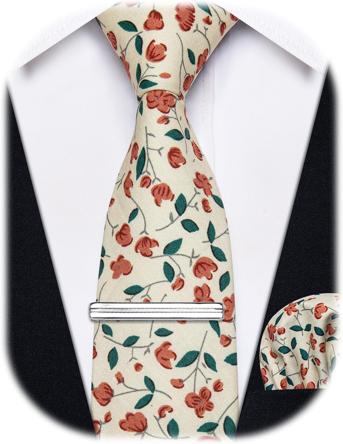 Cotton Floral Tie for Men 2.5" Printed Skinny Necktie Pocket Square Tie Clip Set