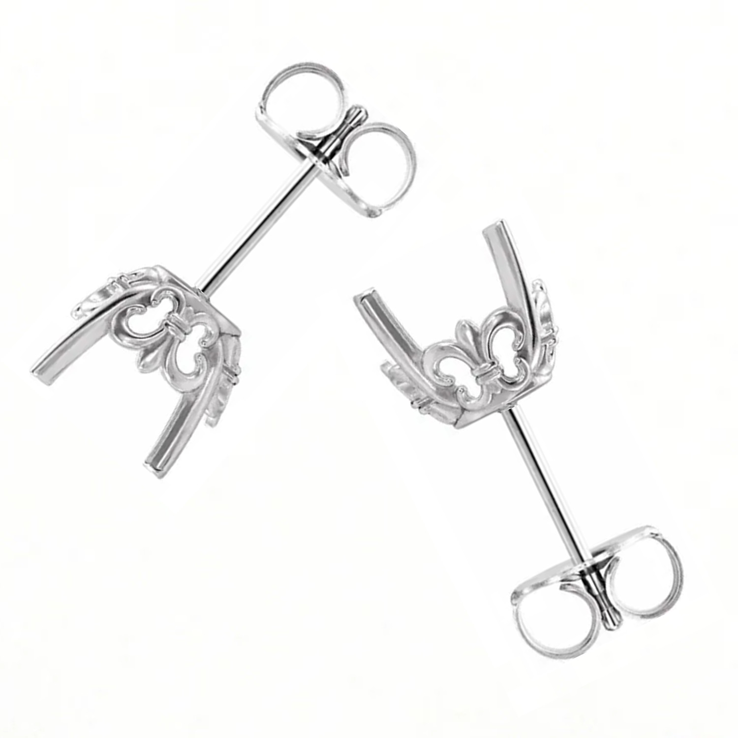Earring Settings 14K White Gold Round Cut Fleur-De-Lis Friction Back - 1 Pair US