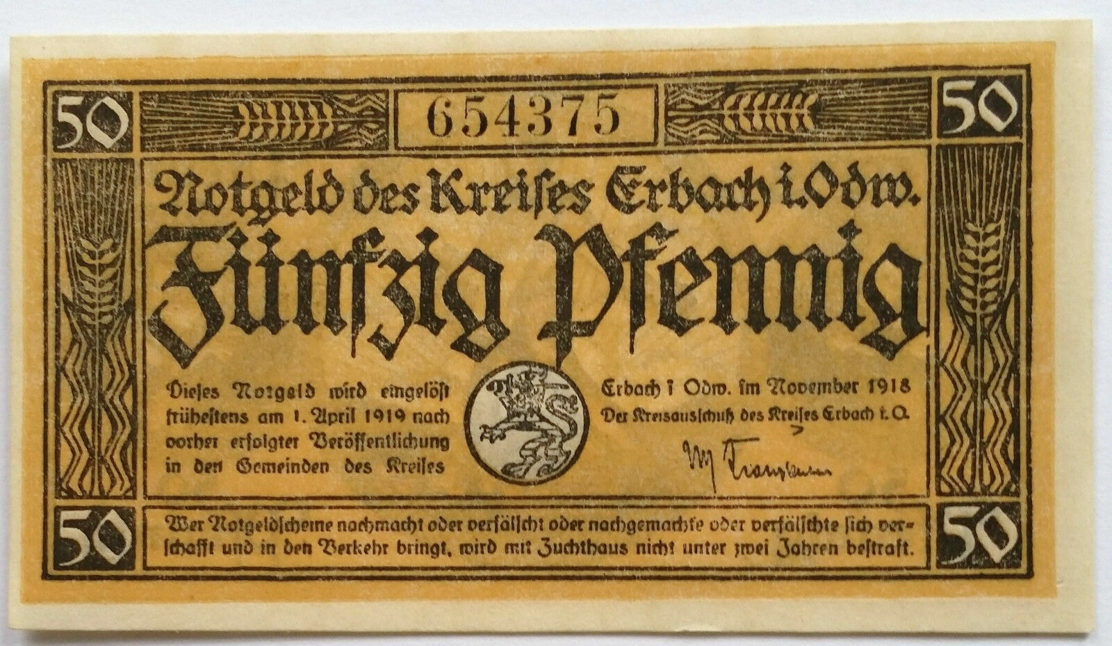 ERBACH ODENWALD NOTGELD 50 PFENNIG 1918 EMERGENCY MONEY GERMANY BANKNOTE (14765)
