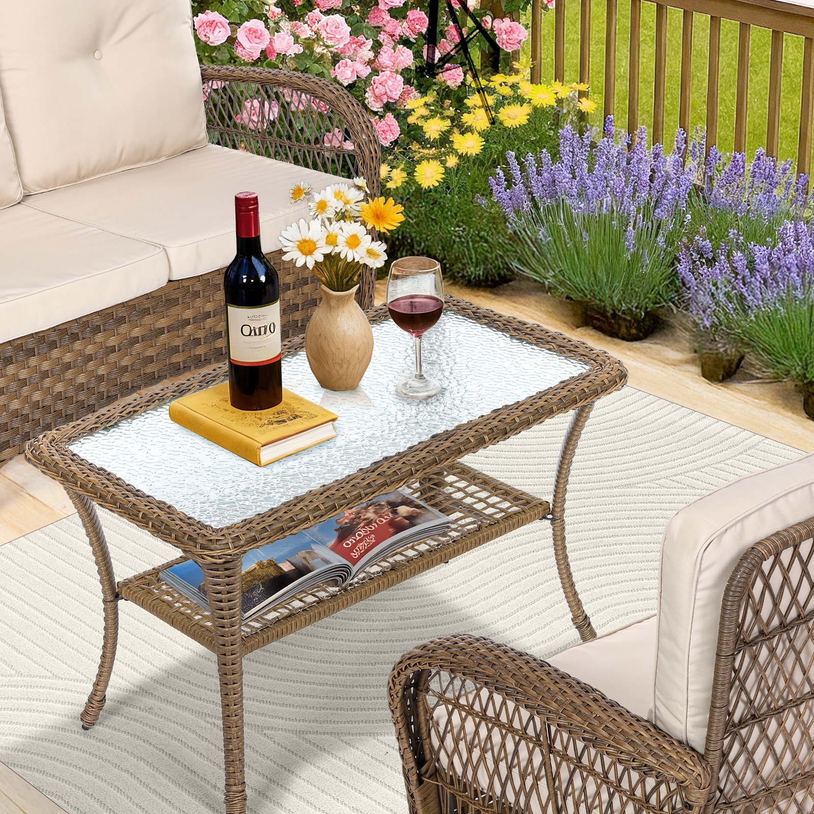 Outdoor Side Table Small Patio End Table Coffee Table with Tempered Glass Top