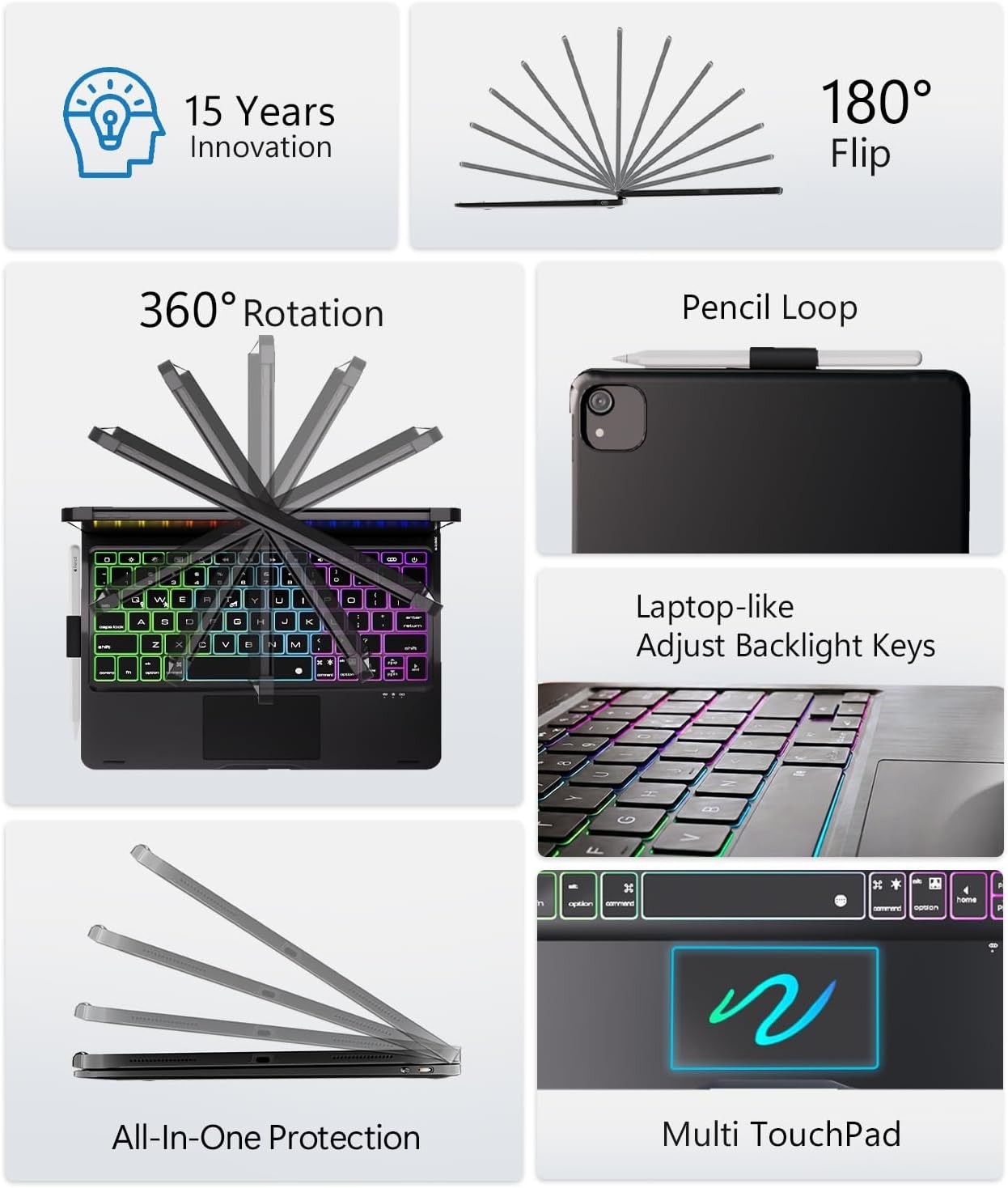 BABG iPad Keyboard Case w Touchpad 360 Swivel Rainbow Backlit Black