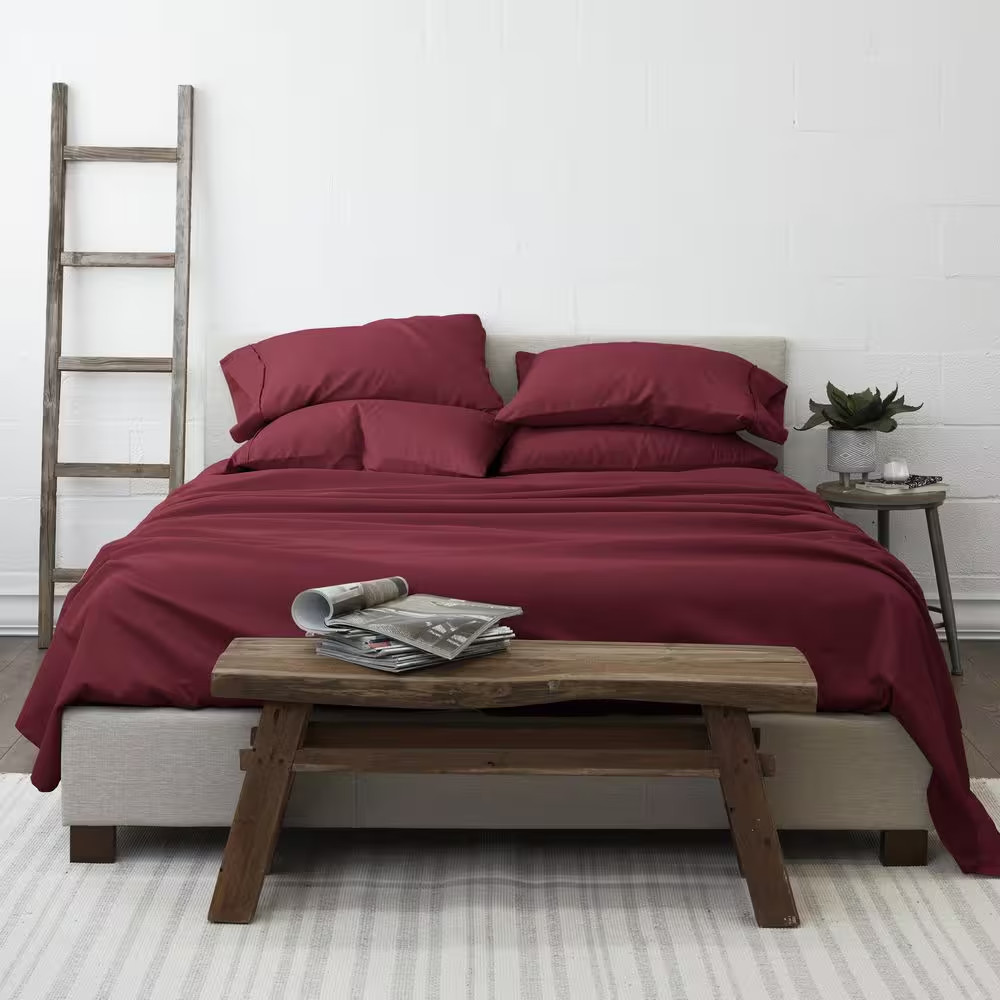 6-Piece Burgundy Solid Microfiber Twin Sheet Set Free Shipping New