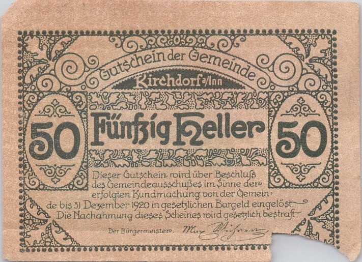 Austria Notgeld Kirchdorf 50 Heller 1920 Vintage Paper Money Banknote VF