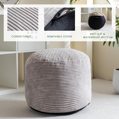 Round Stuffed Pouf Ottoman, Corduroy Poufs with Foam Chunk 20 inch Grey