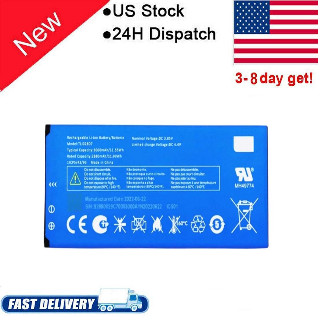 3.85V 3000mAh Battery TLi028D7 for Alcatel One Touch