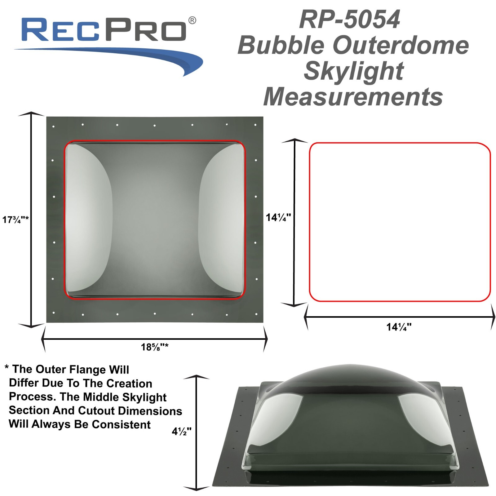 RecPro RV Skylight Old Style Bubble 14 x 14 Camper Skylight Made in USA