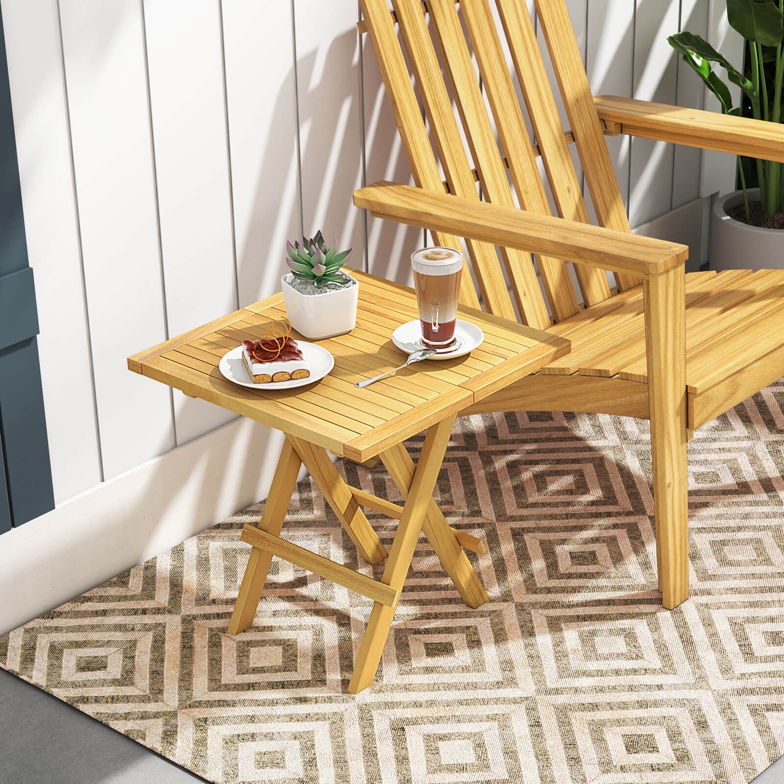 Patio Folding Side Table w/ X-shaped Legs & Slatted Tabletop for Backyard