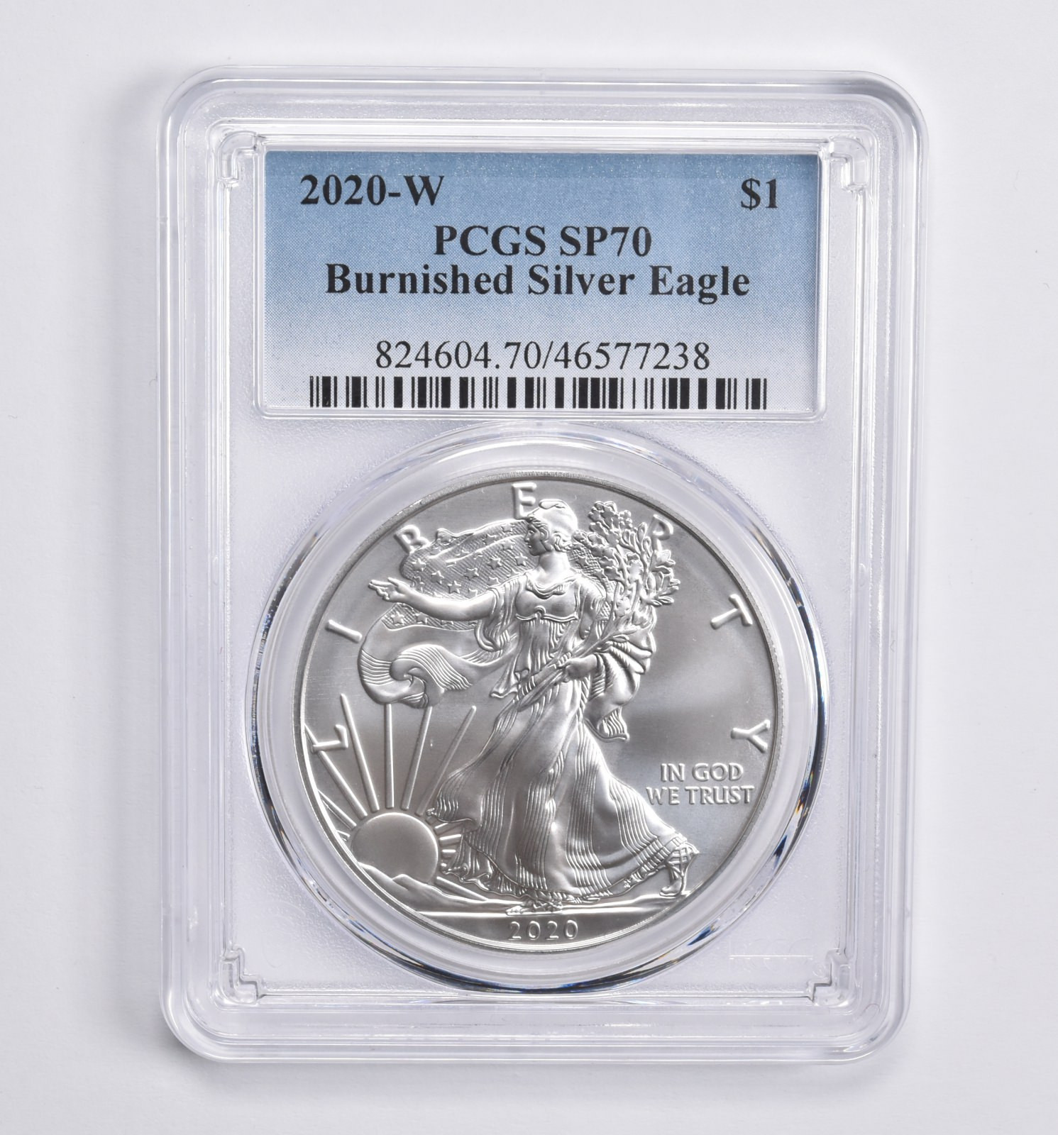 2020-W BURNISHED American Silver Eagle SP70 PCGS Blue Lbl