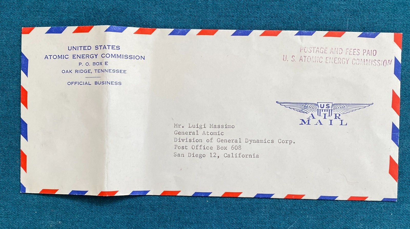 US Atomic Energy Commission, Oak Ridge, TN,  Franked US Air Mail Envelope