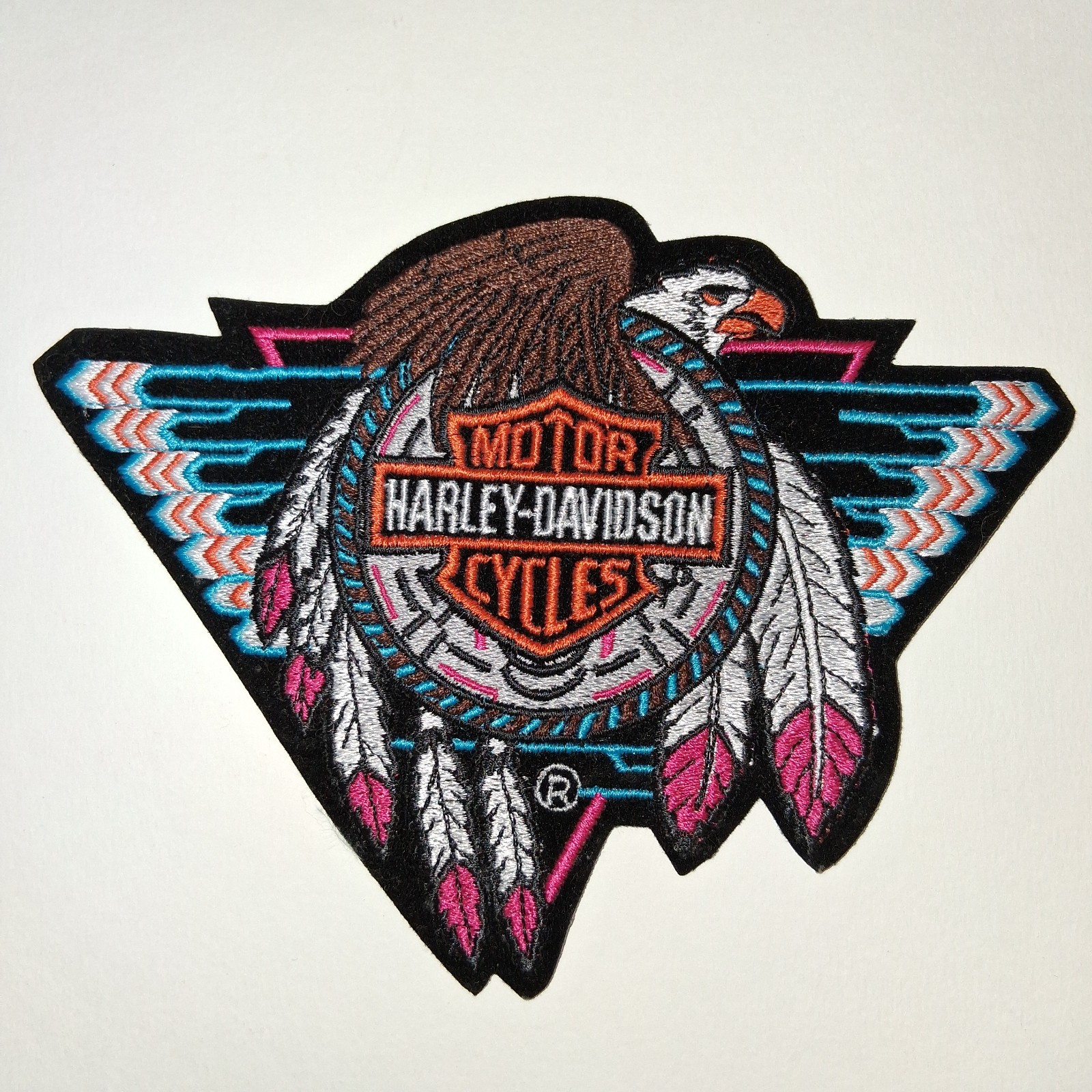 Harley-Davidson Eagle  Indigenous Motif Embroidered Black Velvet Pink Blue 1990s