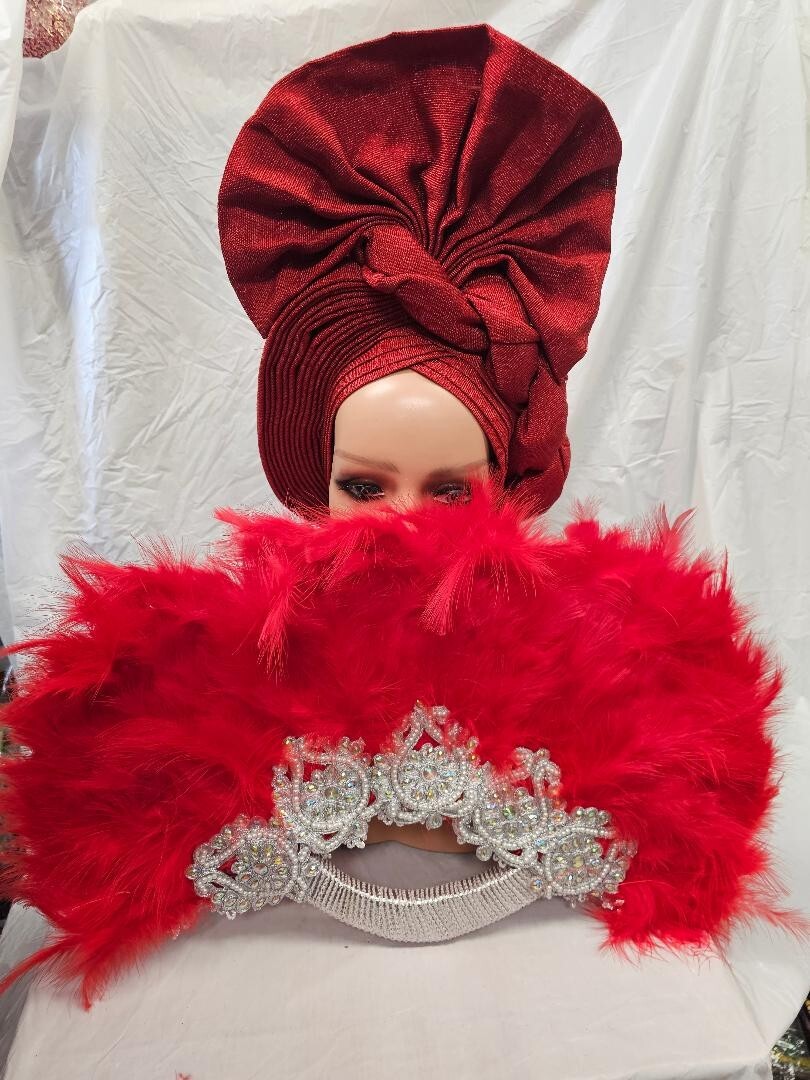 Elegant Red African Bridal Feather Hand Fan