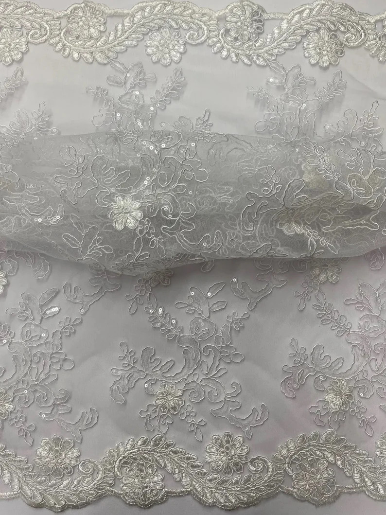 White Bridal corded Floral lace with sequin Fabric Sold By Yard 52" Wide Elena