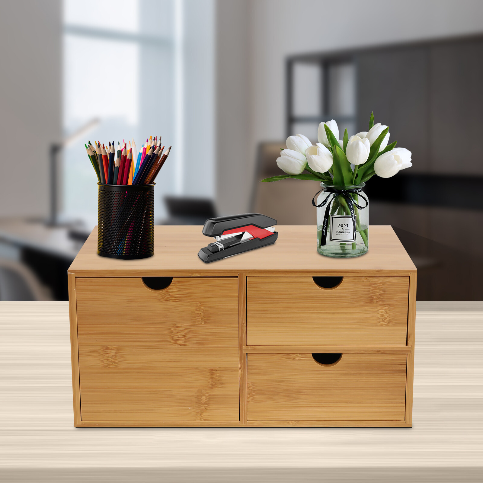 Office Desk Organizer Drawers Desktop Storage Bamboo Box Storage Recess Handle