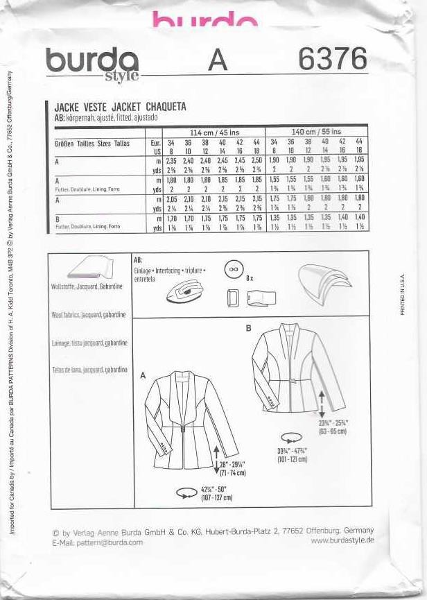 B66 BURDA 6376: JACKET SIZE 8-18 SEWING PATTERN