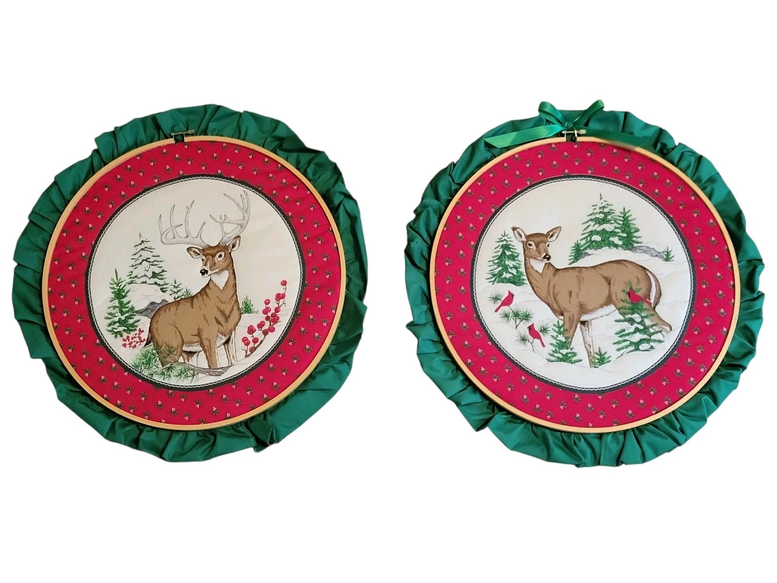 Christmas Deer Handmade Hoop Art Buck Doe Winter Wall Art Vintage 17.5"