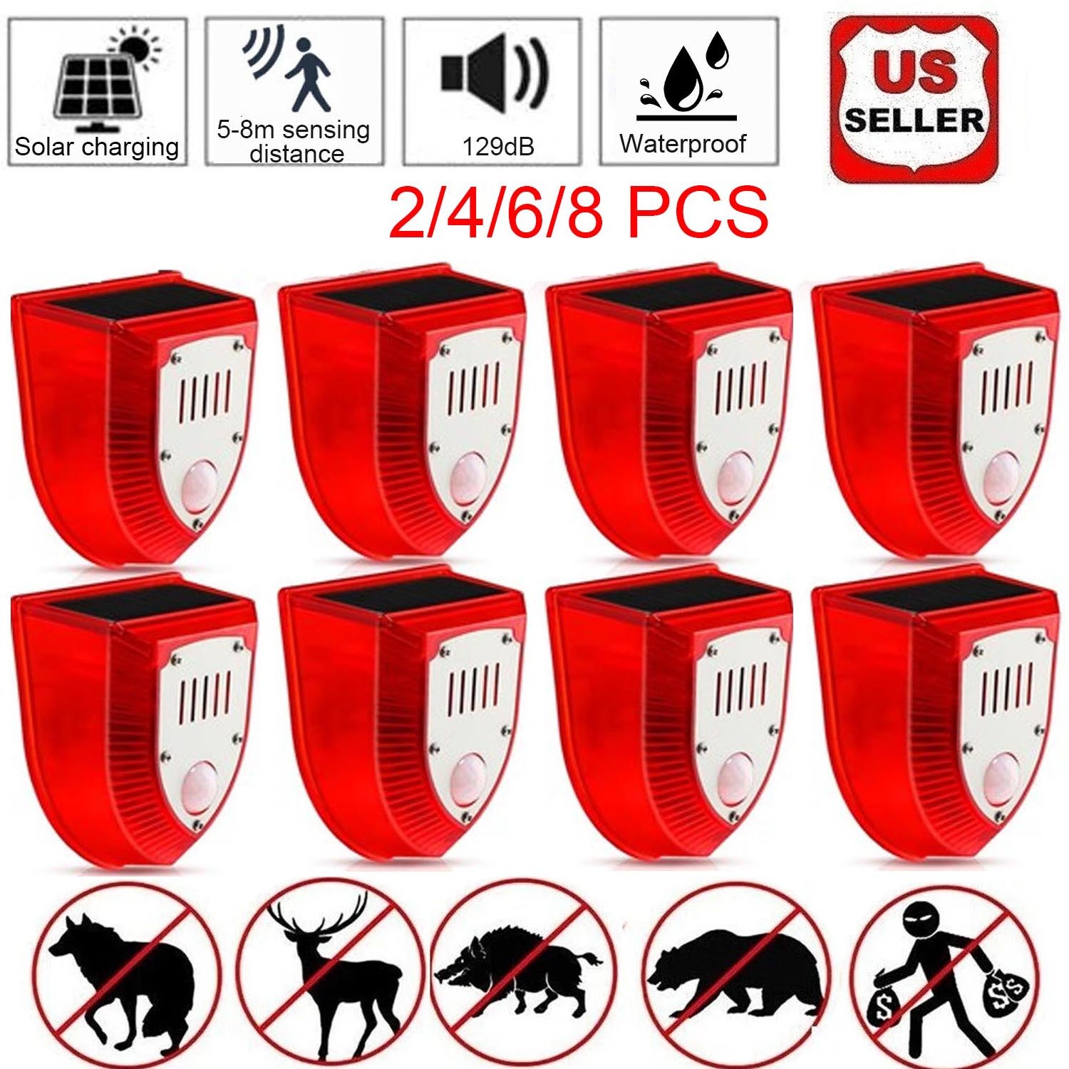 1-8 Pack Solar Sound and Light Alarm Motion Sensor 129db Outdoor Security Siren