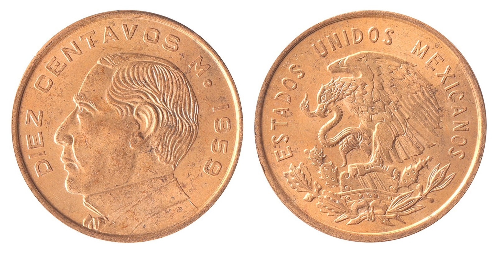 Mexico 10 Centavos, 1955-1967, KM #433, XF-Extremely Fine