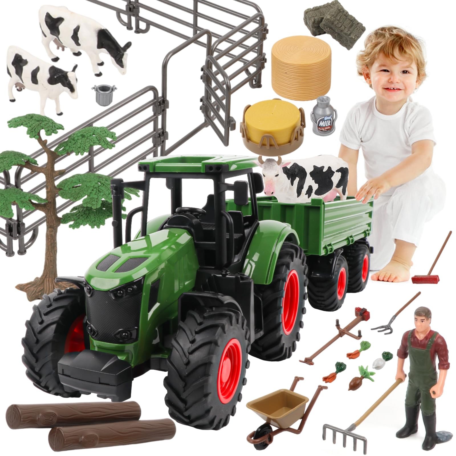 Farm Animal Tractor Toys Playset-16.5 Inches Tractor with Trailer Fence,Farme...