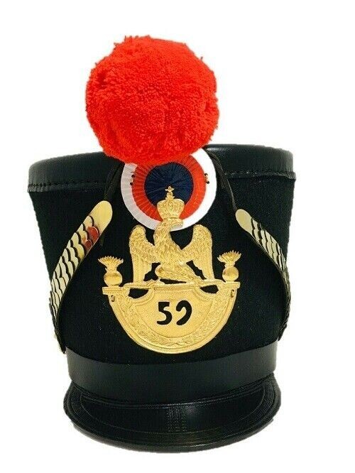 Shako Helmet Napoleonic French Leather Military Red Pompom & 59 No. Brass Plate
