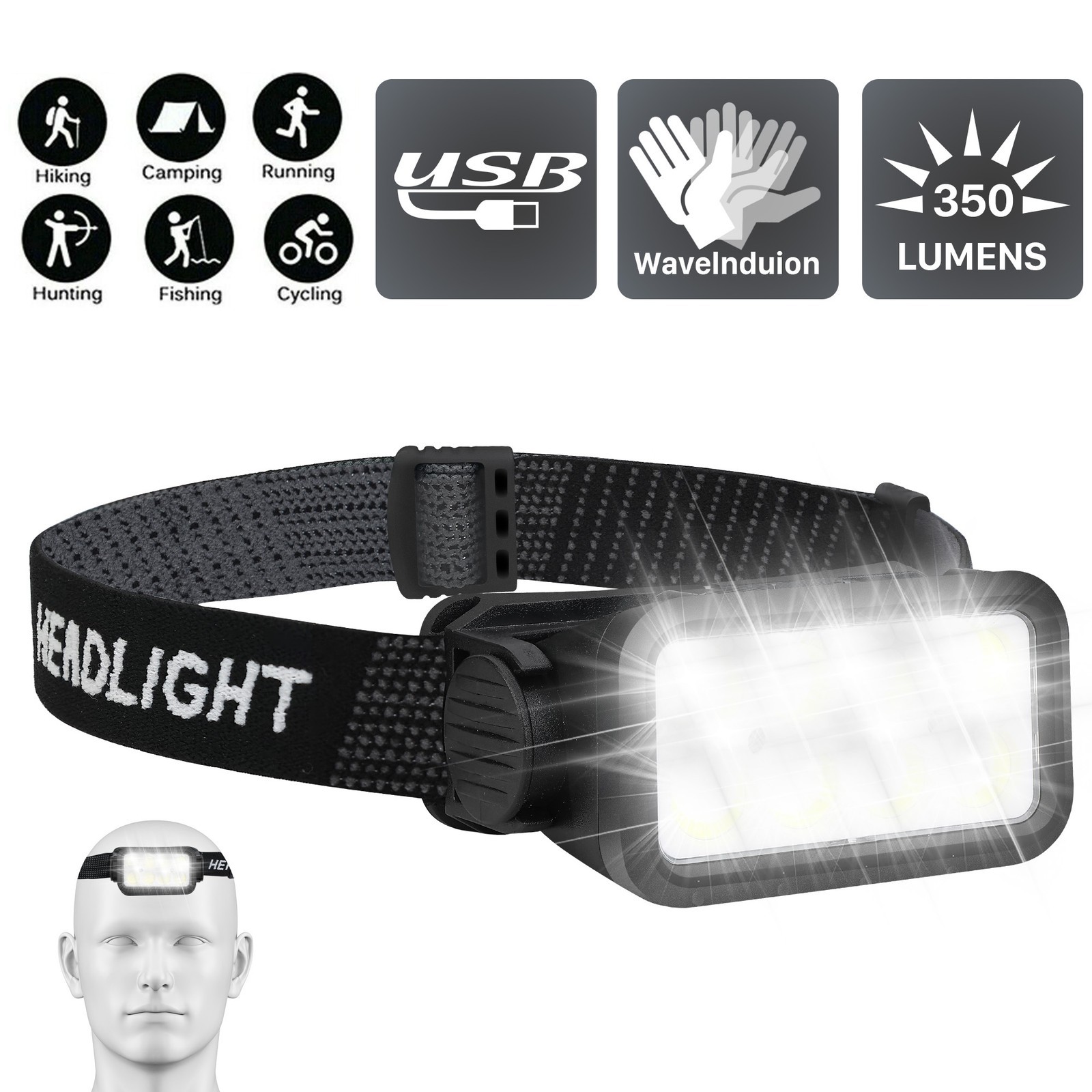 6000K COB LED Headlamp USB Rechargeable Headlight Bar Head Band Torch Work Light