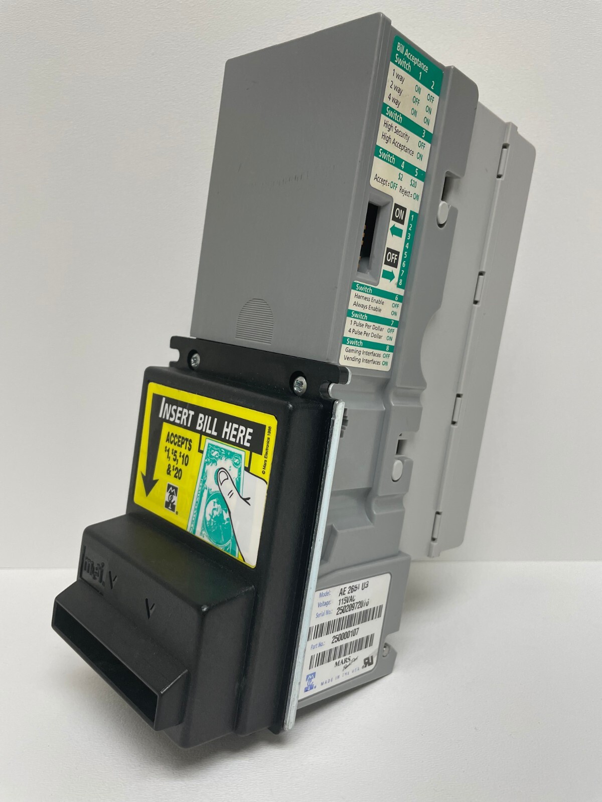 Mars AE 2651 U3, bill acceptor, validator, $1 -$20 *COMPLETELY REBUILT* 117v