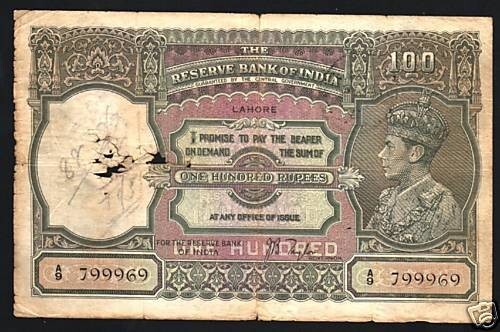 India 100 RUPEES P-20 1937 Rare Lahore ( Pakistan ) King George VI Indian NOTE