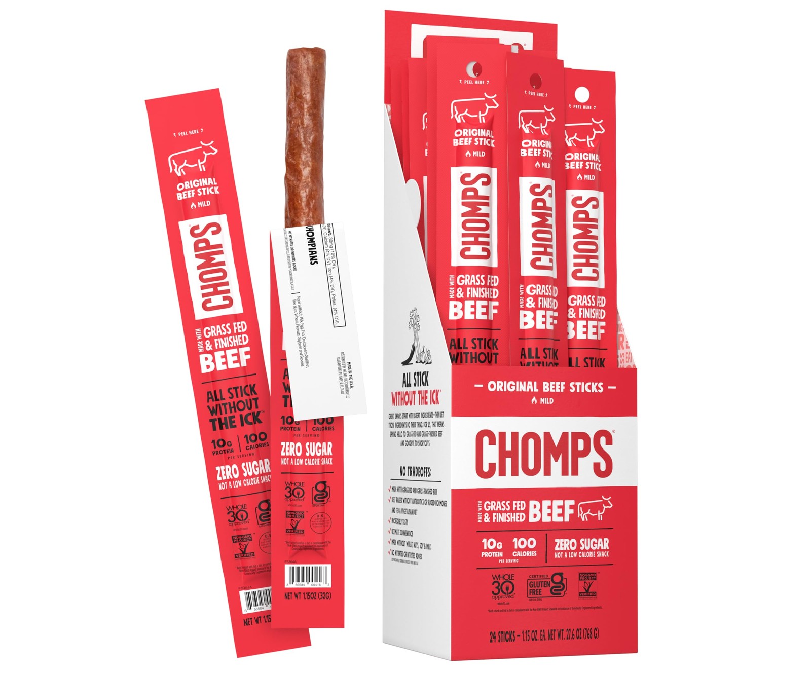 Chomps Grass Fed Beef Jerky 1.15 Ounce Pack of 24 Healthy Snacks for Energy