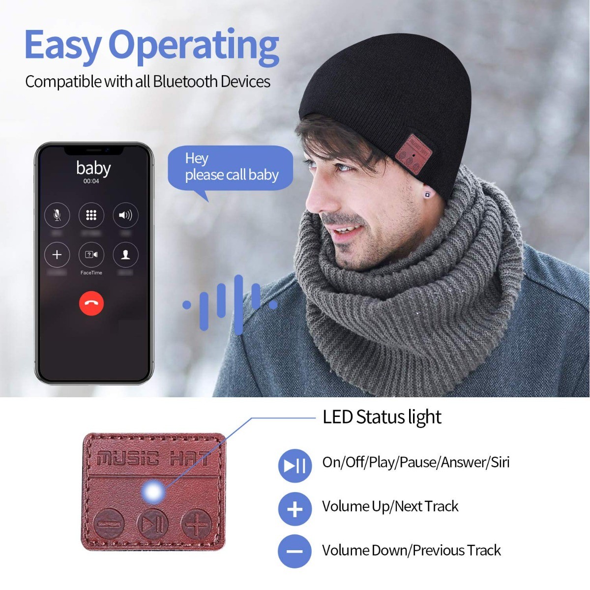 Wireless BT Earmuffs Woolen Hat, Rechargeable, Wireless (Black)