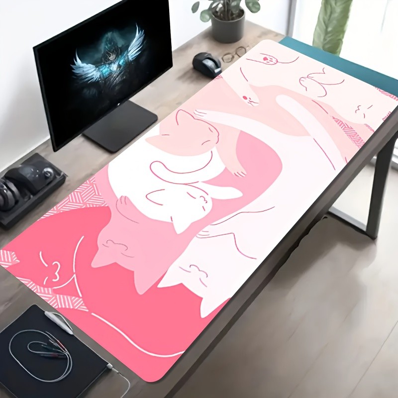 A Large Gaming Mouse Pad Featuring a Cute Design of Stacked Sleeping Cats, with