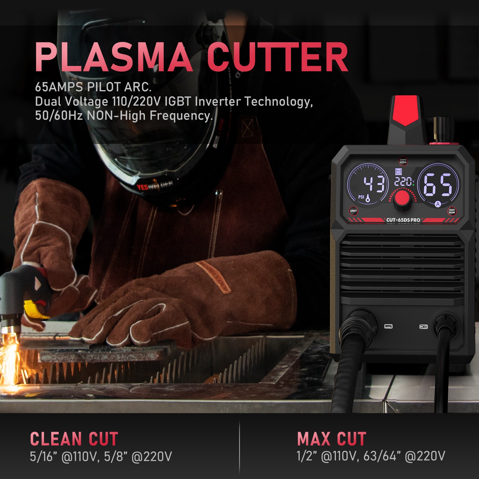 YESWELDER CUT-65DS PRO Safety Kit: Plasma Cutter, Helmet & Gloves, 65A