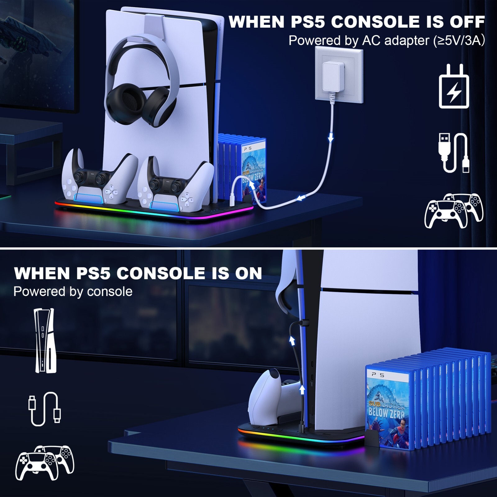 FOR PS5 Slim/Disc&Digital Editions PS5 Slim Controller Charger Stand+Cooling Fan