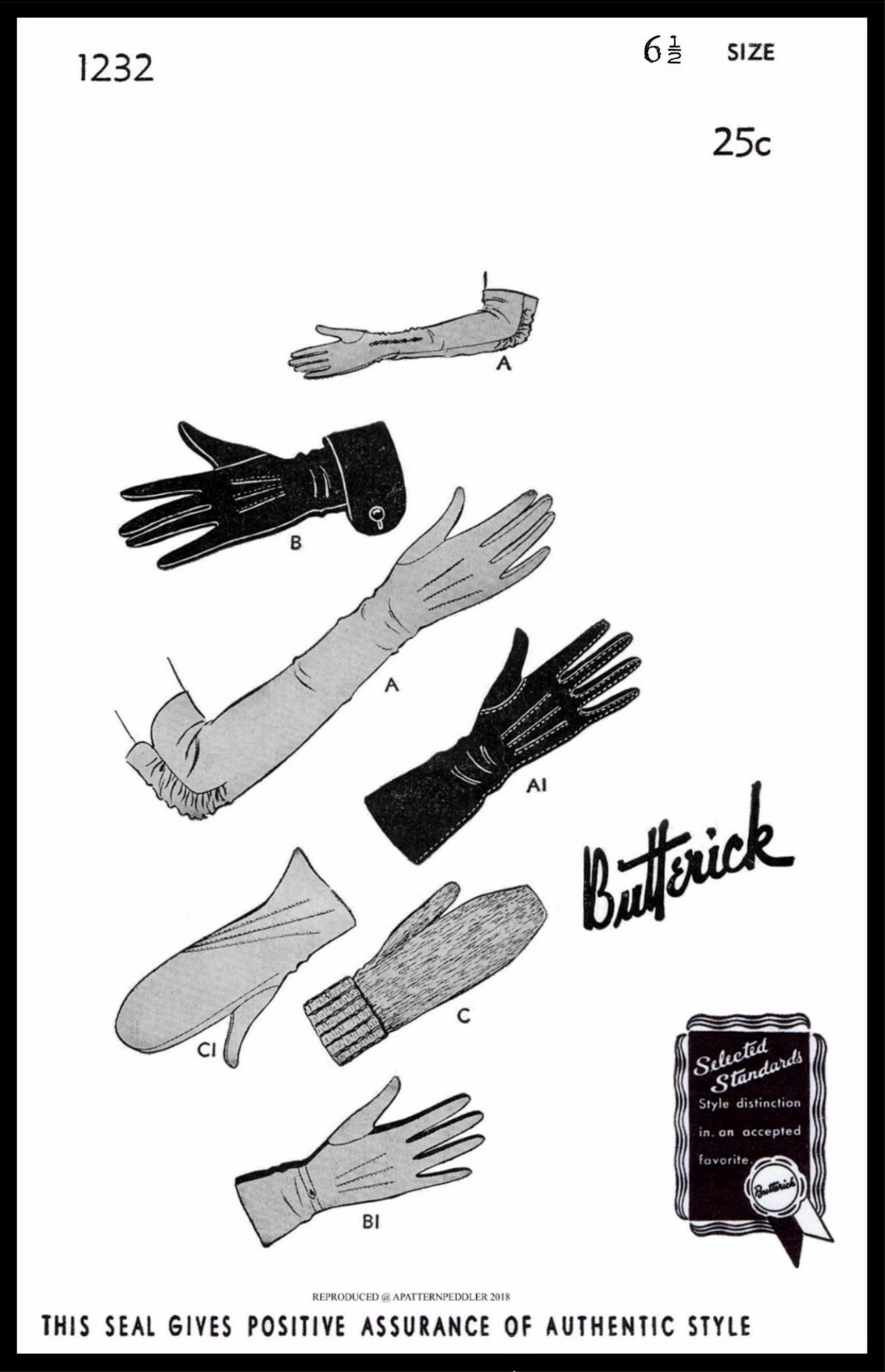BUTTERICK # 1232 GLOVES Fabric Sewing Pattern Women's Vintage 1940's U-PICK Size