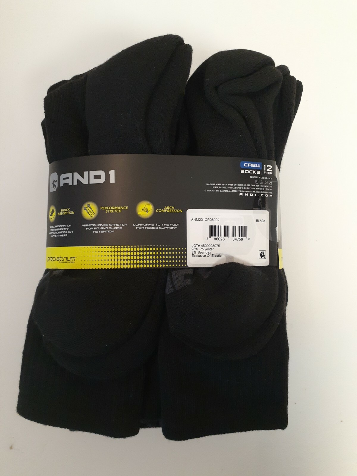 AND1 Black 12 Pair ProPlatinum Crew Socks Arch Compression Proplatinum