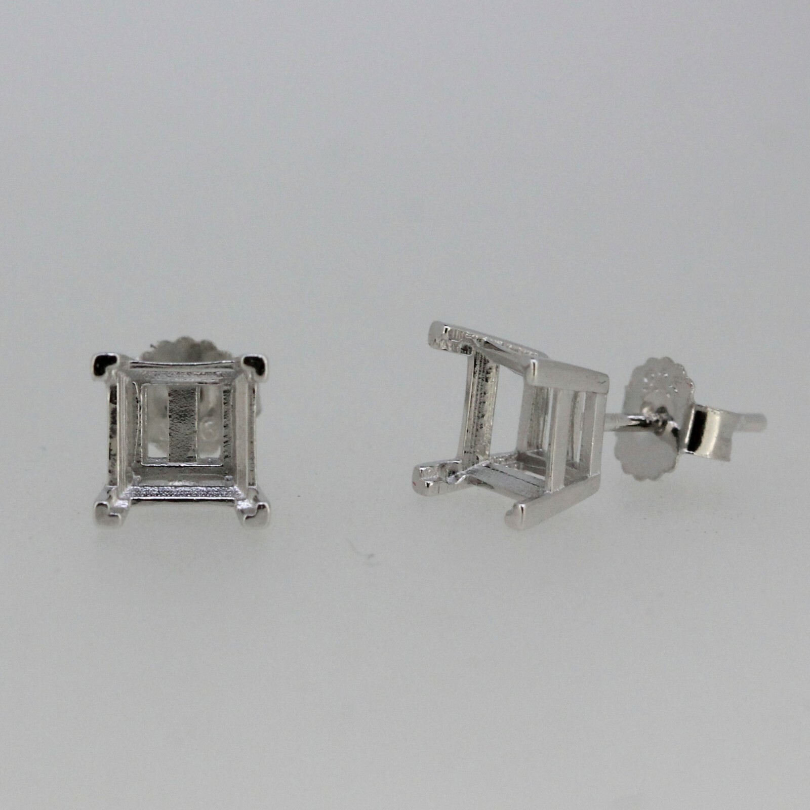 Sterling Silver Semi Mount Earrings Setting Princess Cut SQ 6x6 mm Stud