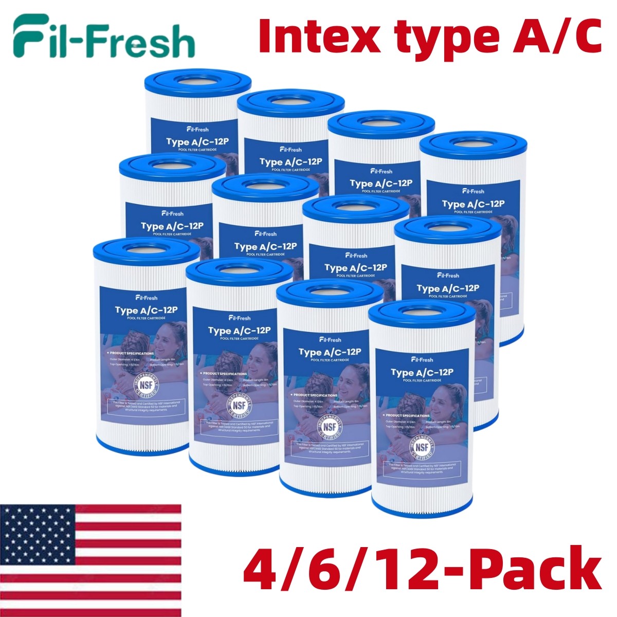 4/6/12-Pack Type A/C Pool Filter Cartridge Replacement for Intex 29000E/59900E