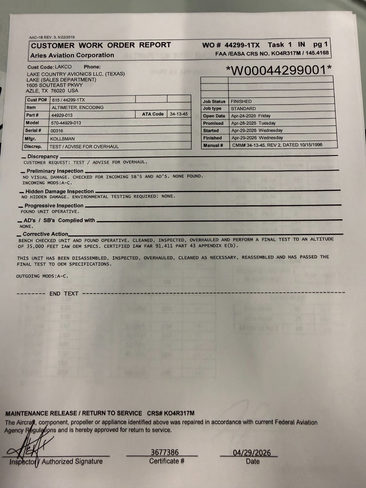 Encoding Altimeter 44929-013 w/ April 2026 Overhauled 8130