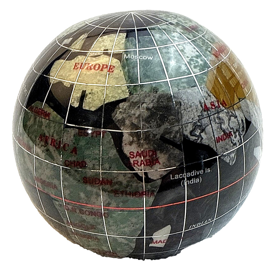 Gemstone Globe Paperweight 3.25” MCM Black Stone Inlaid Desk Decor